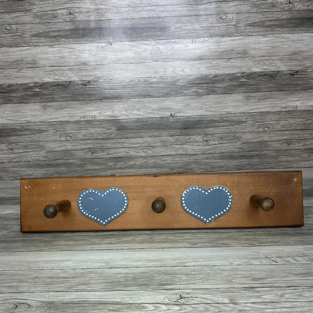 Vintage Wood Blue Heart Peg Wall‎ Hanging Country Cottage Decor Rack